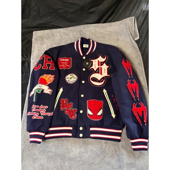 Civil Regime Marvel Spider-Man Varsity Jacket Navy Blue Wool Multi-Patch Large
